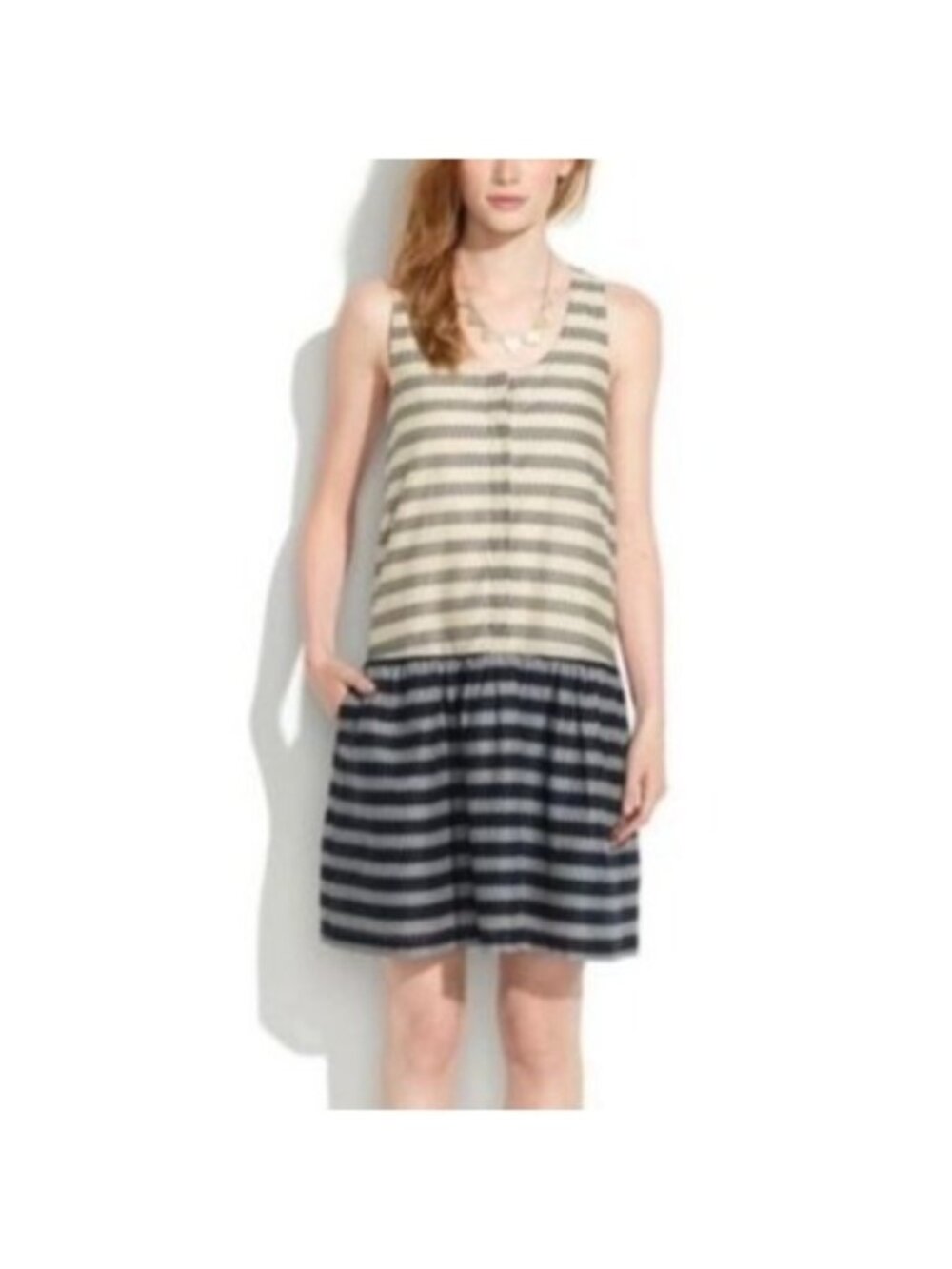 Madewell XS Cream Navy Trellis Stripe Sleeveless Drop Waist Button Dress